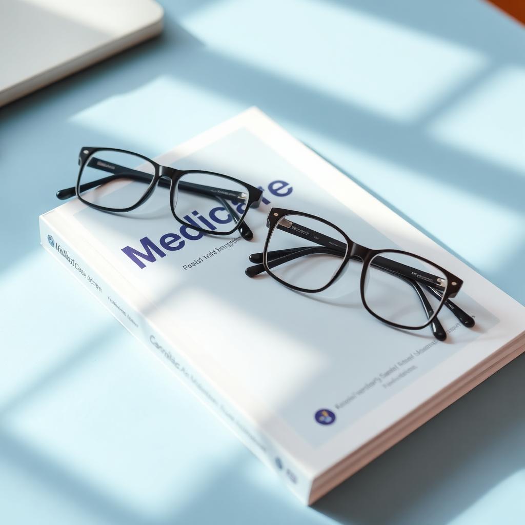 Reading glasses resting on a printed Medicare information booklet on a wooden desk